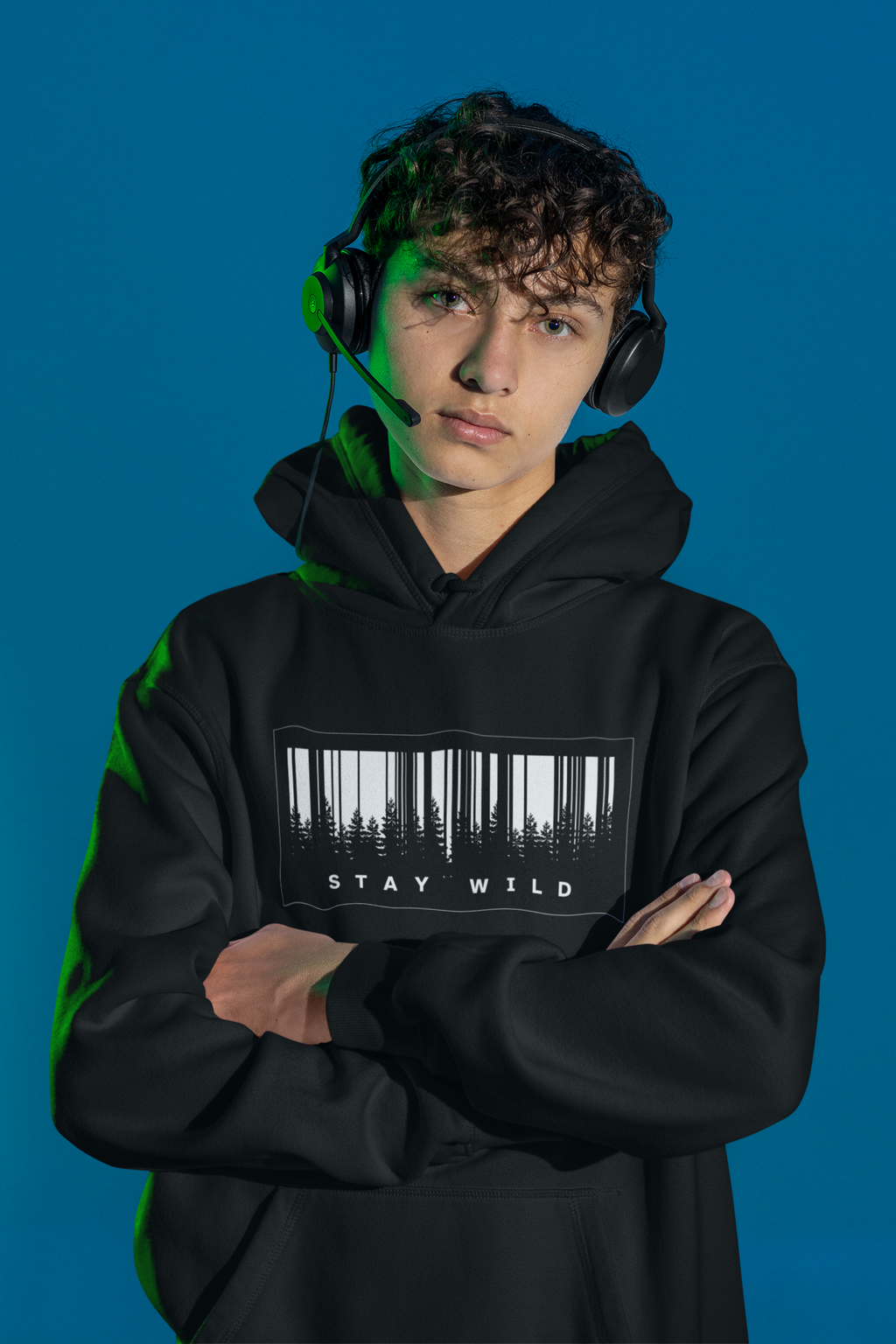 Stay Wild Hoodie – Forest Barcode Design | Black Streetwear