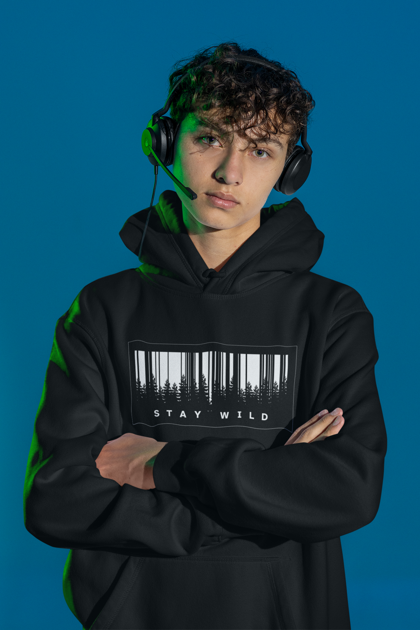 Stay Wild Hoodie – Forest Barcode Design | Black Streetwear